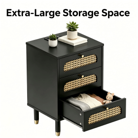 3-Drawer Nightstand with Woven Rattan Fronts and Built-in Power Outlet 15.75"*13.78"*23.82" Black