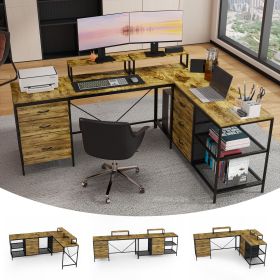 114 Inch L-Shaped Desk with Power Outlets & USB-C, Industrial Computer Desk with 6 Fabric Drawers, 3 Open Shelves & Movable Monitor Stands