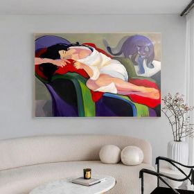 Large Abstract Woman and Cat Canvas Art Hand-painted Figure Oil Painting on Canvas Modern Minimalist Wall Art for Living Room Home Décor (style: 01, size: 60X90cm)
