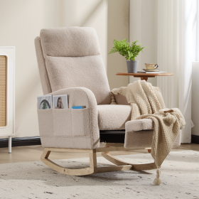 Modern Accent Rocking Chair Rocking Chair with Solid Wood Legs, Upholstered Nursery Glider Rocker, Comfy Armchair with Side Pocket (Color: Beige)