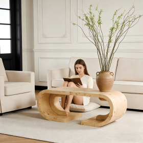47.24"Curved Coffee Table Heavy Duty C-Shaped Center Table with Curved Base, Large Tea Table for Living Room, Entertainment Room, Home Office, Rustic (Color: Yellow Brown)