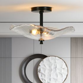 Ceiling Light Fixtures Flush Mount Indoor Outdoor Ceiling Light with Water Ripple Glass Shade for Hallway Kitchen Bedroom Porch Living Room(Black) (Color: BLACK, Material: Iron)