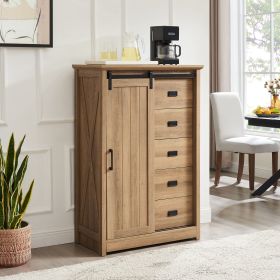 5 Drawers Dresser w/Sliding Barn Door, Farmhouse Modern Tall Dresser 5 Chest of Drawers, Storage Organizer Dresser for Bedroom, Hallway, Living Room (Color: Oak, Material: MDF+Metal)