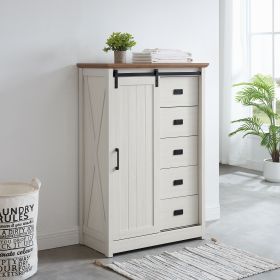 5 Drawers Dresser w/Sliding Barn Door, Farmhouse Modern Tall Dresser 5 Chest of Drawers, Storage Organizer Dresser for Bedroom, Hallway, Living Room (Color: White, Material: MDF+Metal)