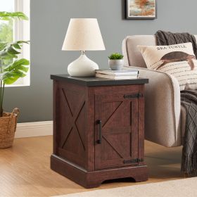 Farmhouse End table Nightstand Rectangular Farmhouse End Table with Barn Door and Adjustable Storage Shelf, Rustic Sofa Side Table for Living Room (Color: Oak, Material: MDF)